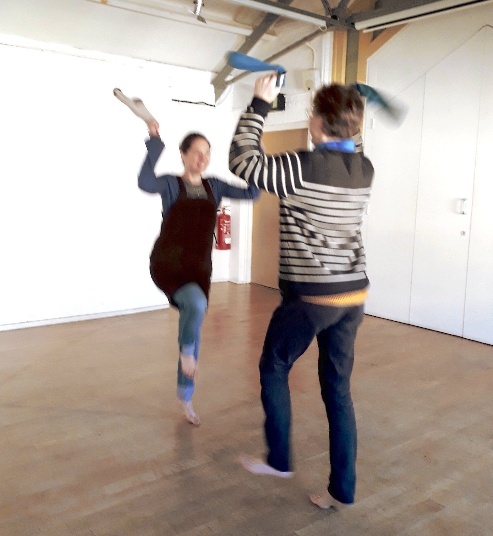 Naomi and Andrew, Morris dancing using socks as handkerchiefs on 8 November 2017 at Creative Lab, Oxford Playhouse.