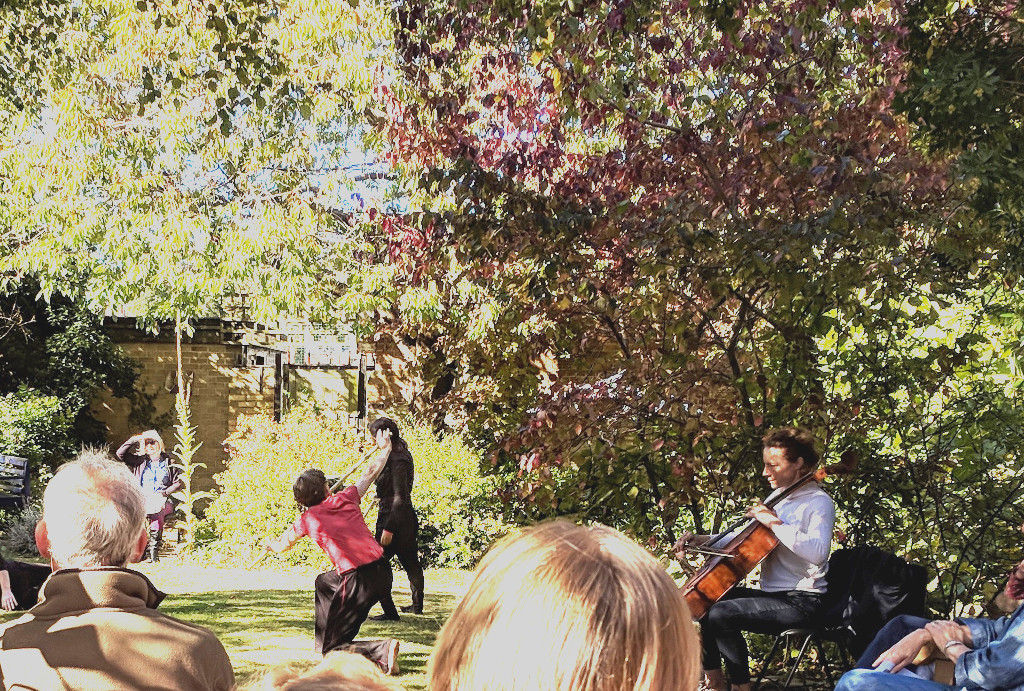 Garden Dance with four dancers: Tamsyn Stanton, Stacey Seigel, Sonia Dacamara, and Andrew Wood were accompanied by cellist Josie Webber. Performed at The Turrill Sculpture Garden, Oxford on 29 September 2018.