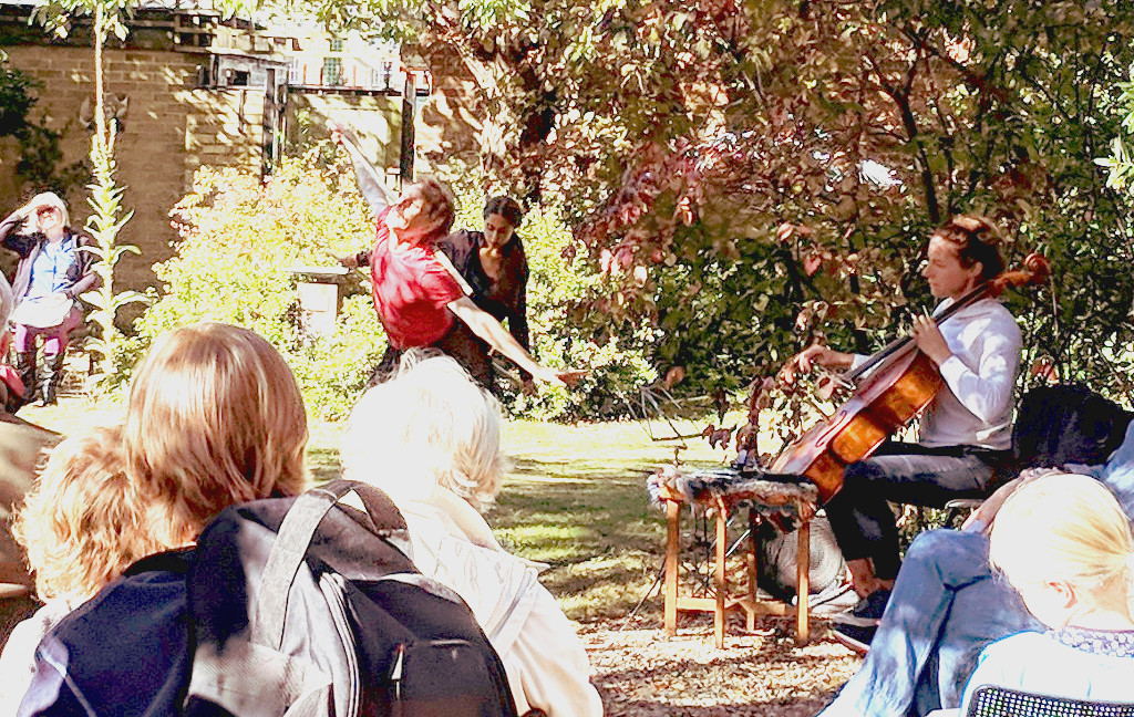 Garden Dance: Dancer Andrew Wood (left), Sonia Dacamara (behind, right) were accompanied by cellist Josie Webber. Performed at The Turrill Sculpture Garden, Oxford on 29 September 2018.