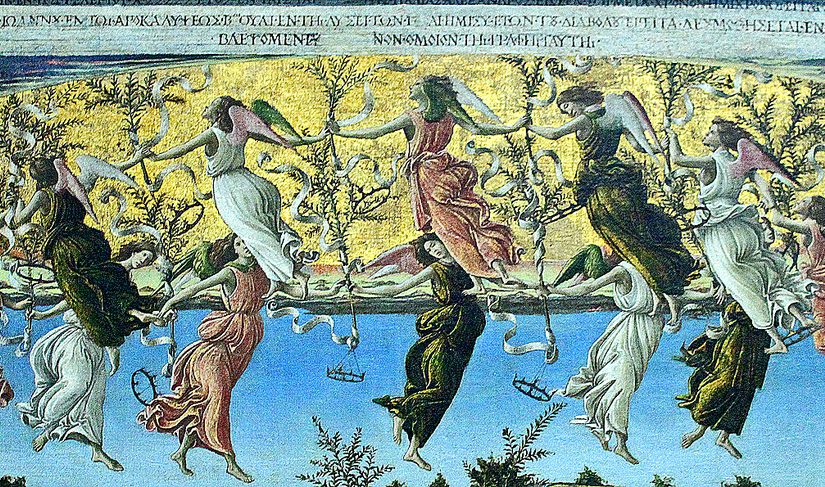 Painting by Alessandro Botticelli (ca 1445-1510), The Mystic Nativity, 1500, detail 2, angels carrying olive branches and dancing in a circle under a golden heavenly dome. Photographer: Frans Vandewalle: https://www.flickr.com/photos/snarfel/ Used under license: https://creativecommons.org/licenses/by-nc/2.0/]