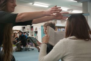 Library Dance, 19 December 2017 at Oxfordshire Central Library, Westgate Centre, Oxford with dancers: Lizzy Spight, Naomi Morris Lizie Giraudeau and Andrew Wood. Photo: Karl Wallendszus