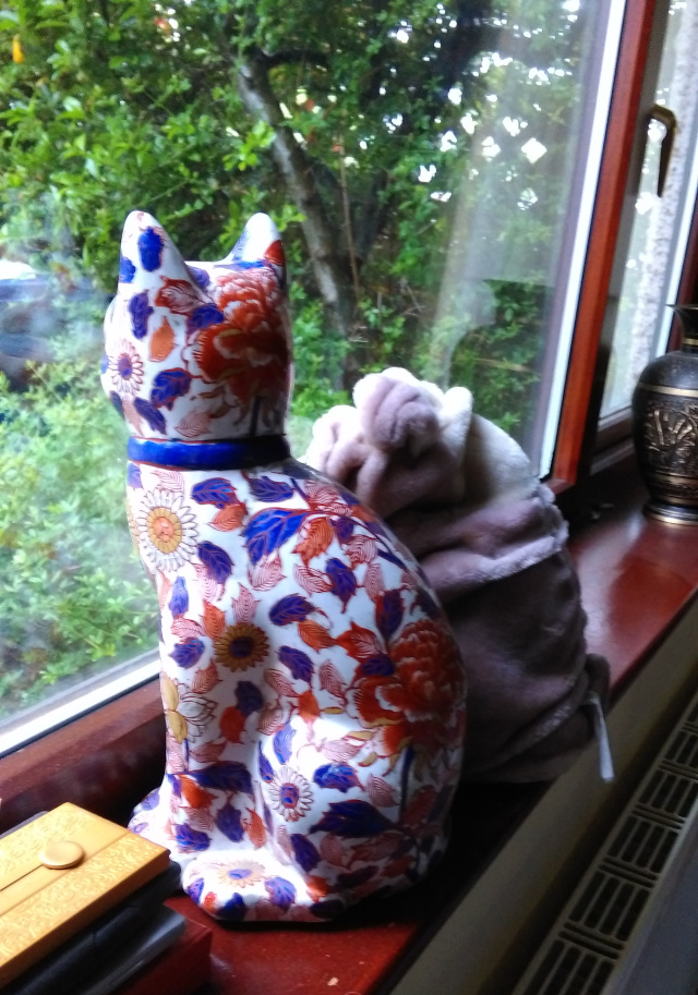 Frumpy Dog & Elegant Cat (seen from behind) in the window where I live, with a 'Stay at Home' notice!
