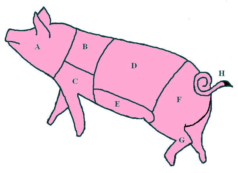 Diagram of a pig showing cuts of meat