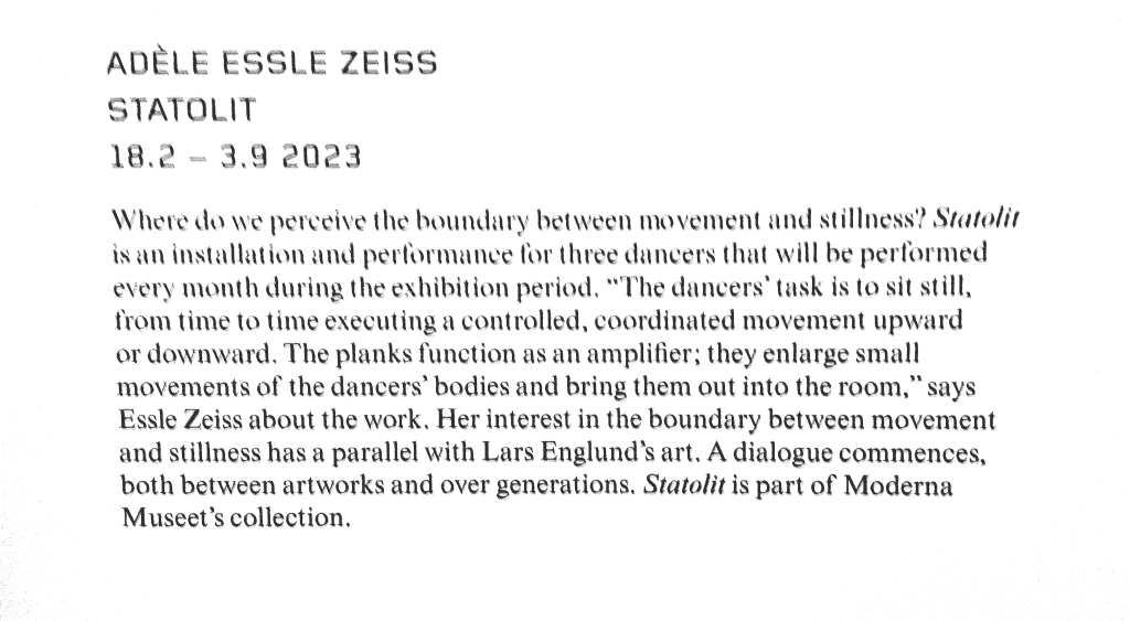 Graphic showing the gallery description of the performance Statolit by artist Adèle Essle Zeiss, 26 August 2023.