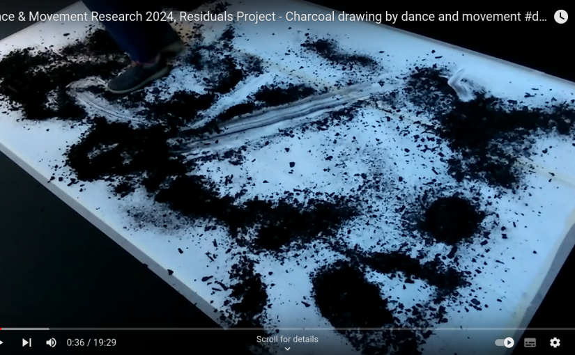 Screenshot of video. Charcoal drawing from Residuals performance #1 on Tue 16 January in dance studio at The Old Fire Station, Oxford, UK. Artists: John Hazel and Andrew Wood. Photo: Andrew Wood