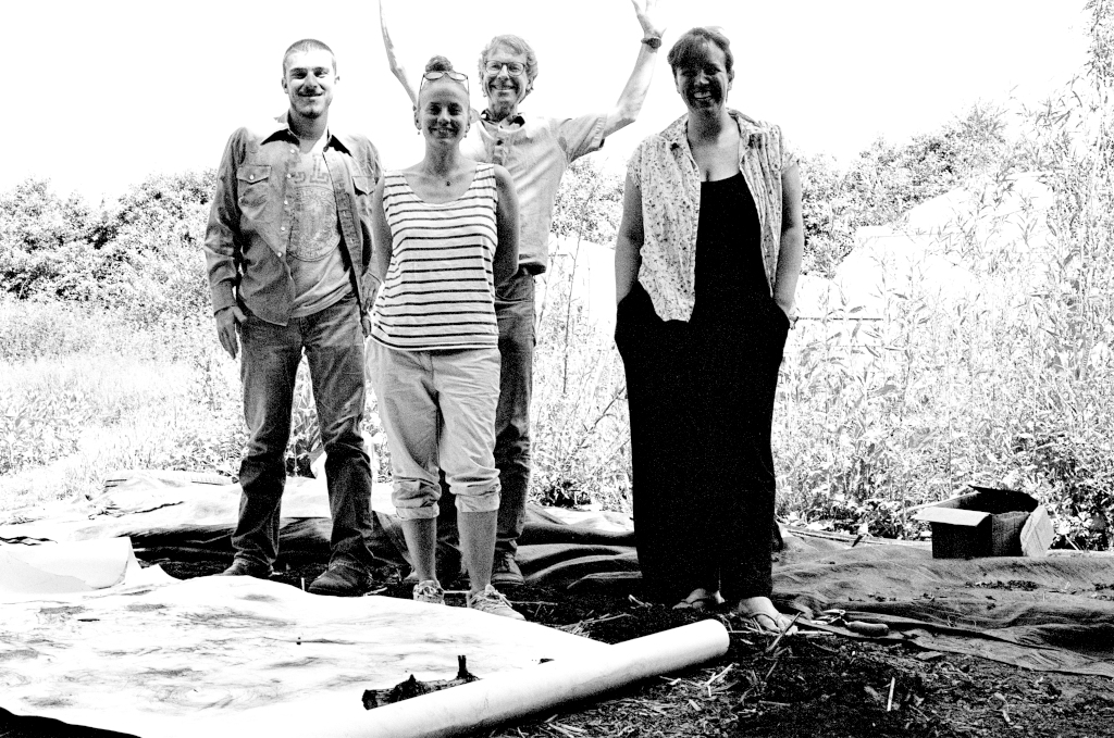 Residuals #4, gardeners and performers (left to right) Jacopo, Therese, me and Debra, Community Garden at Schumacher College, Dartington on Sunday 2 June 2024.